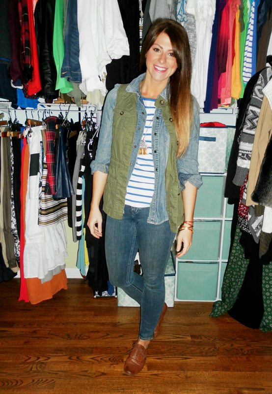 striped tee, chambray shirt, military vest, brogues