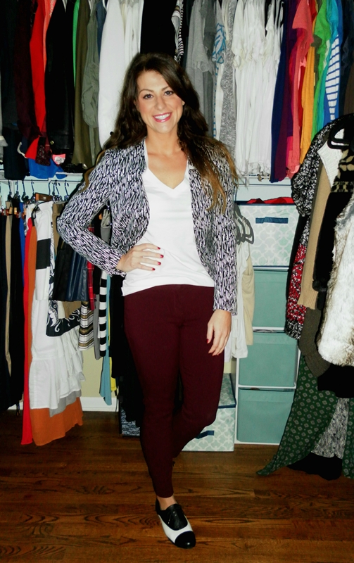 burgundy trousers, black and white brogues, printed blazer