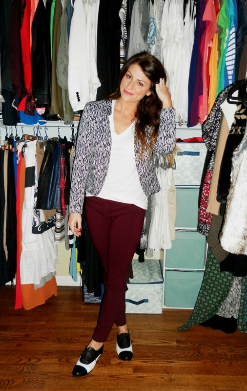 burgundy trousers, black and white brogues, printed blazer