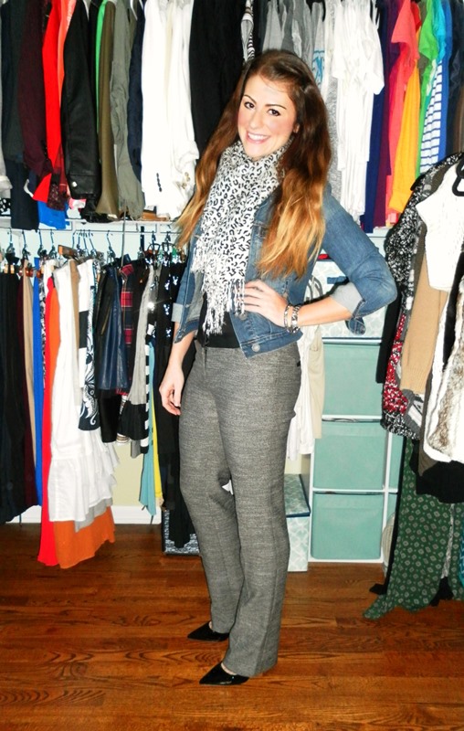 denim jacket, tweed trousers, patent pumps, leopard scarf