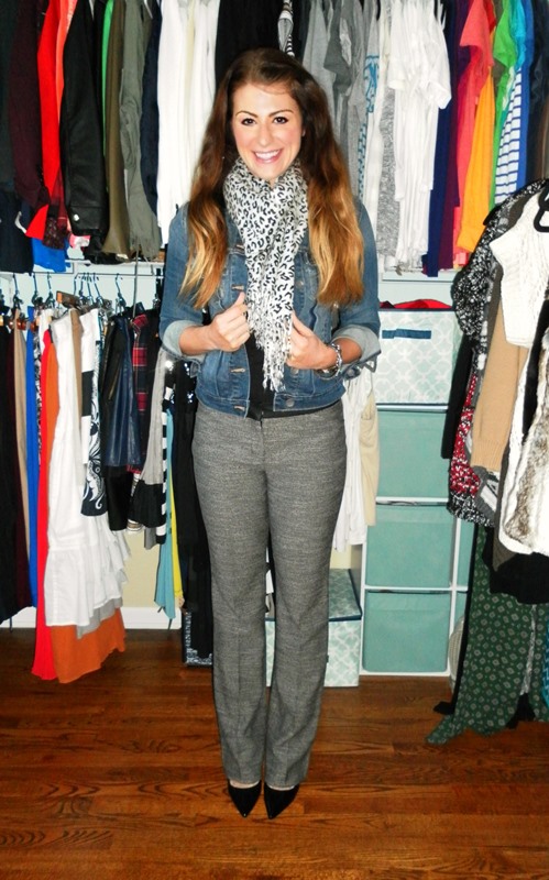 denim jacket, tweed trousers, patent pumps, leopard scarf