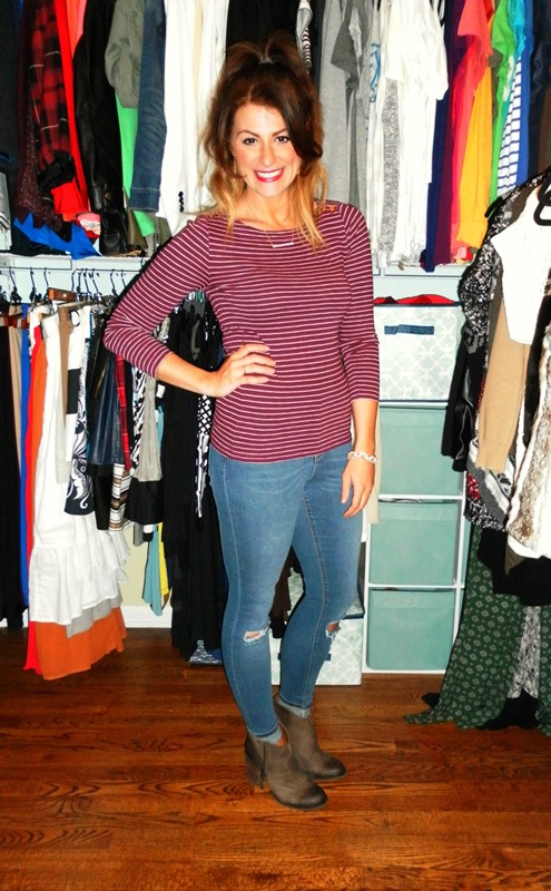 jcrew striped tee, asos ripped knee jeans, shoemint bailey booties