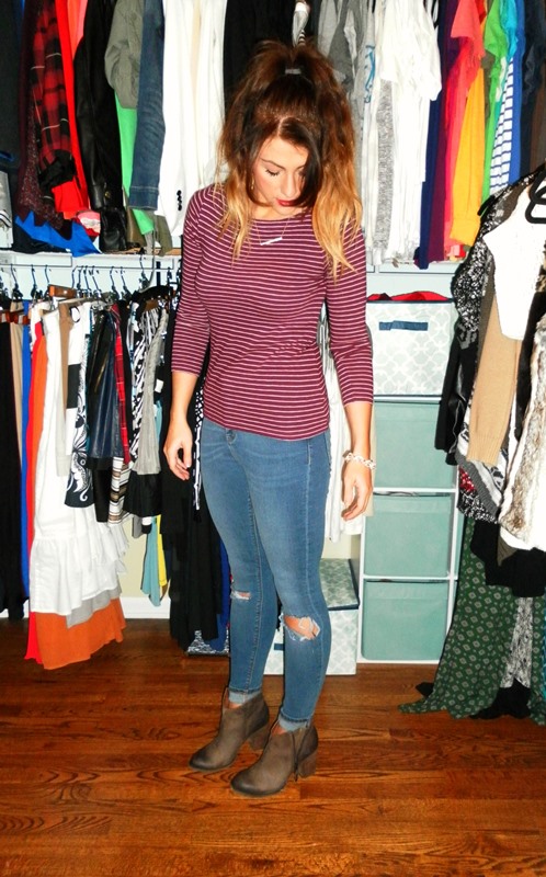 jcrew striped tee, asos ripped knee jeans, shoemint bailey booties