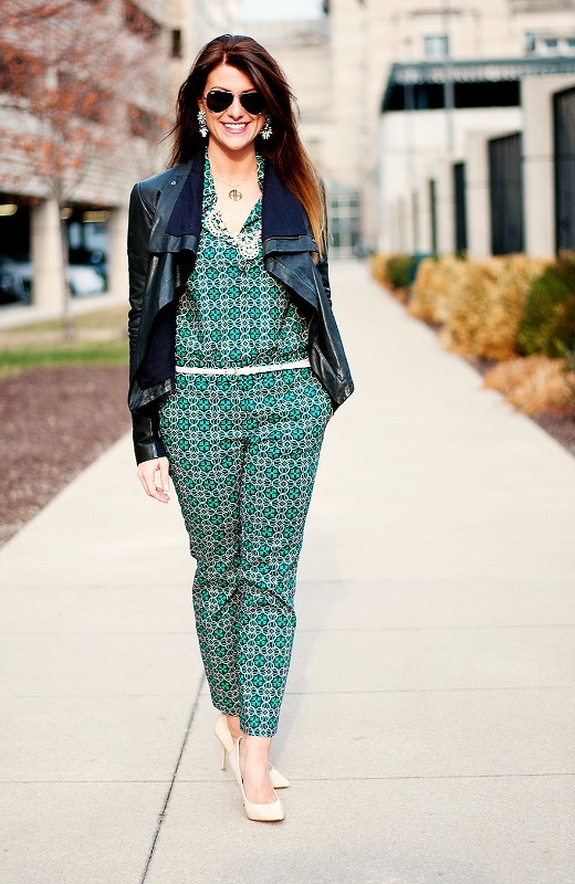 jcrew printed popover, jcrew printed trousers, nude pumps, statement necklace, ashley at kansas city fashion week, veda leather jacket