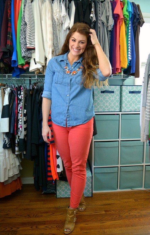 jcrew cords, vince camuto booties, chambray, jcrew stone necklace