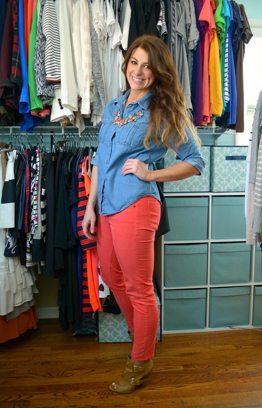 jcrew cords, vince camuto booties, chambray, jcrew stone necklace