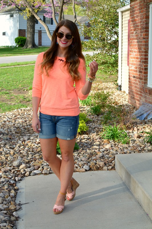 neon jcrew factory sweater, gap boyfriend shorts, sam & libby wedges, bauble bar signature necklace, illesteva sunglasses