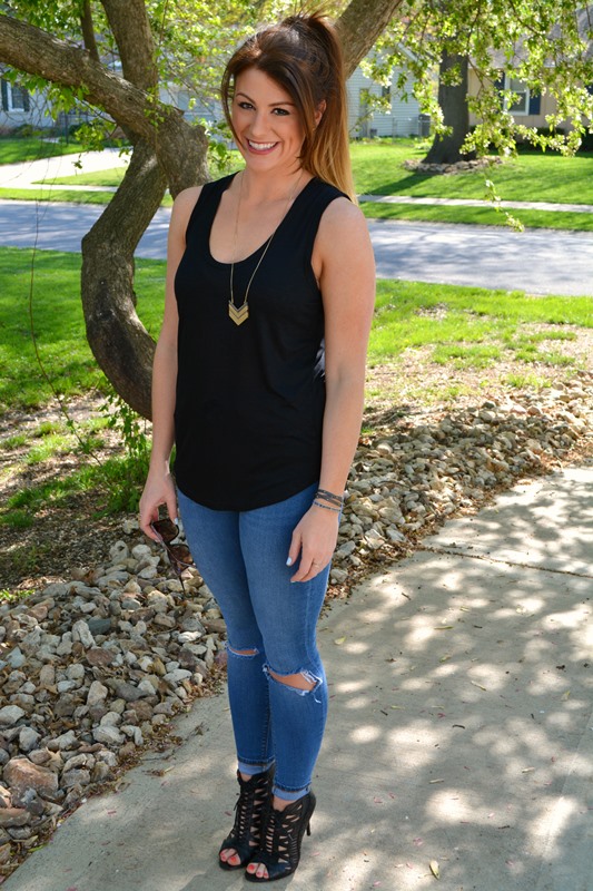 black madewell tank, asos ridley jeans, cage sandals