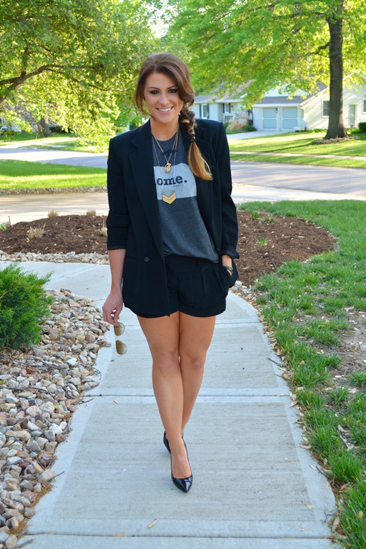 the home tee, black silk shorts, patent pumps, boyfriend blazer