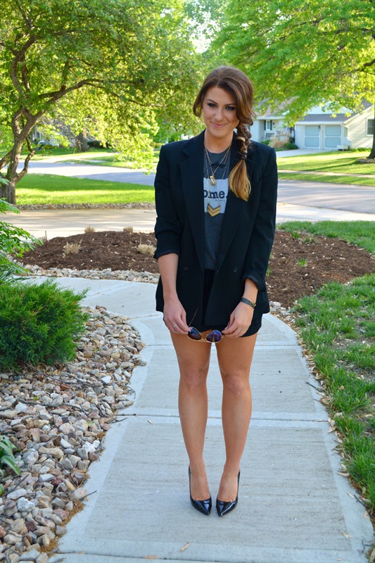 the home tee, black silk shorts, patent pumps, boyfriend blazer