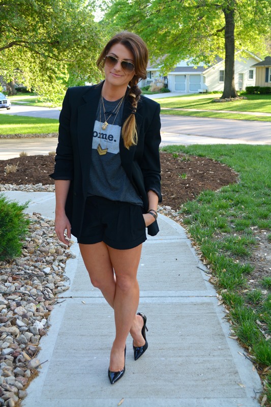 the home tee, black silk shorts, patent pumps, boyfriend blazer