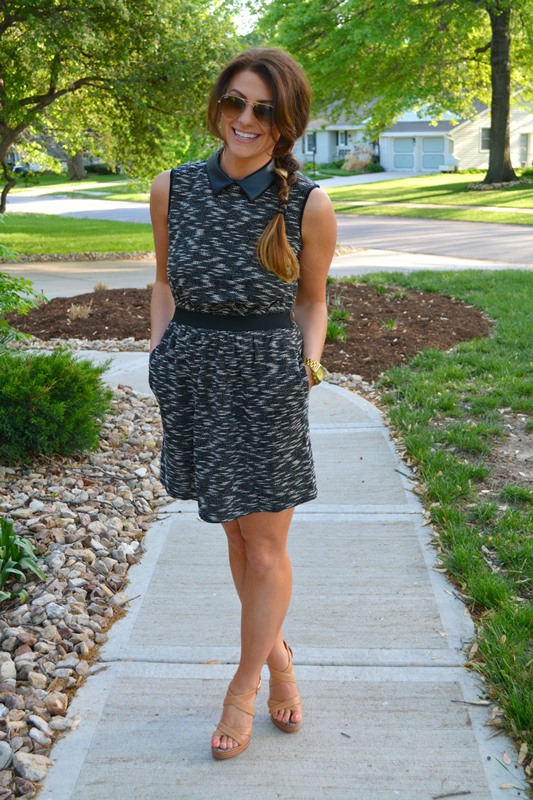 mixed media dress, nude sandals, ray ban aviators, ashley from le stylo rouge