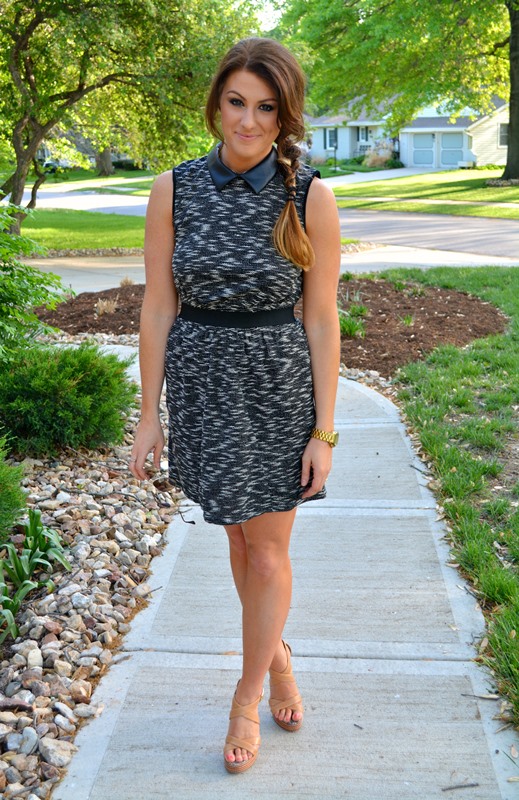 mixed media dress, nude sandals, ashley from le stylo rouge