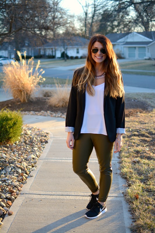 Olive Leather Leggings Sneakers. Le Stylo Rouge