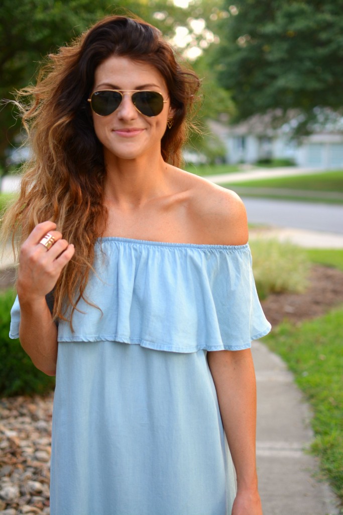 ashley from lsr in a blue ruffled chambray dress