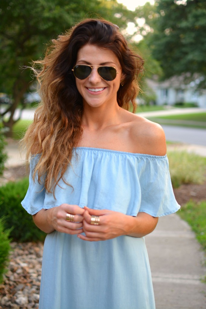 ashley from lsr in a blue ruffled chambray dress