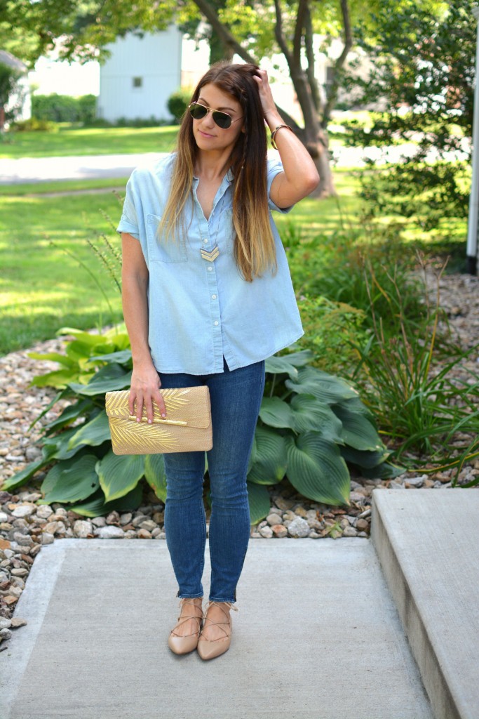 ashley from lsr, madewell boyfriend chambray, madewell jeans, zara lace-up flats, lilly pulitzer coco clutch