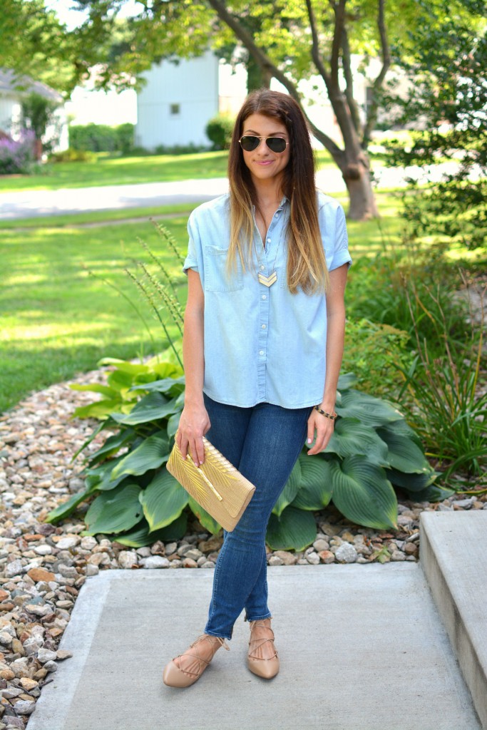 ashley from lsr, madewell boyfriend chambray, madewell jeans, zara lace-up flats, lilly pulitzer coco clutch