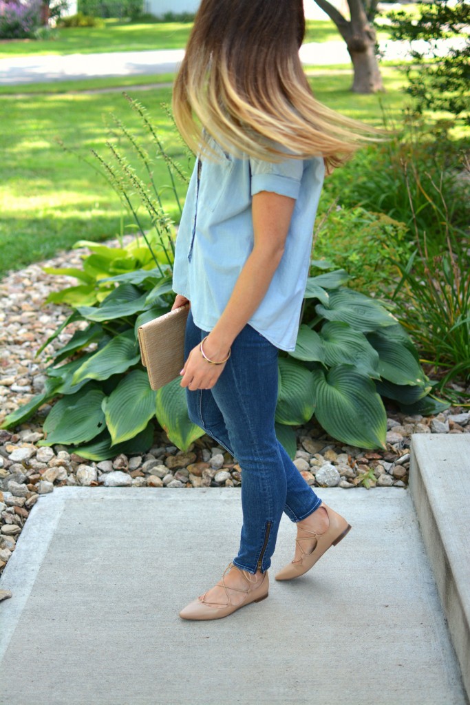 ashley from lsr, madewell boyfriend chambray, madewell jeans, zara lace-up flats, lilly pulitzer coco clutch