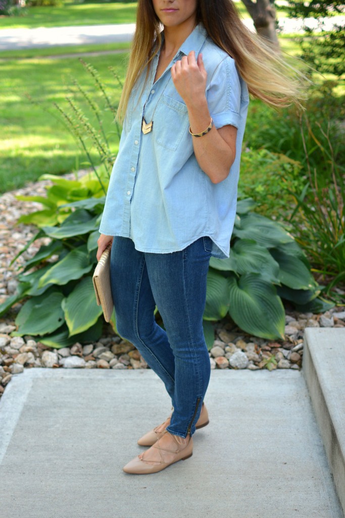 ashley from lsr, madewell boyfriend chambray, madewell jeans, zara lace-up flats, lilly pulitzer coco clutch