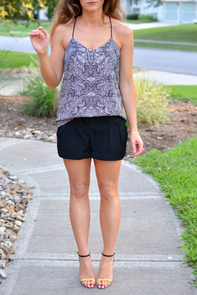 ashley from lsr, express barcelona cami, color block and mixed print sandals