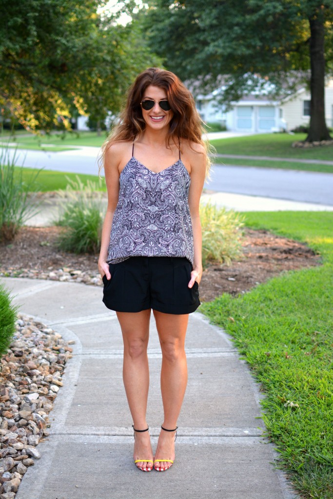 ashley from lsr, express barcelona cami, color block and mixed print sandals