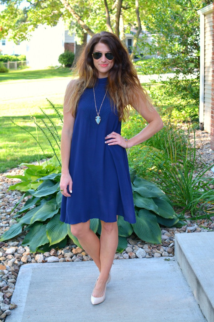 ashley from lsr, navy dress, nude pumps