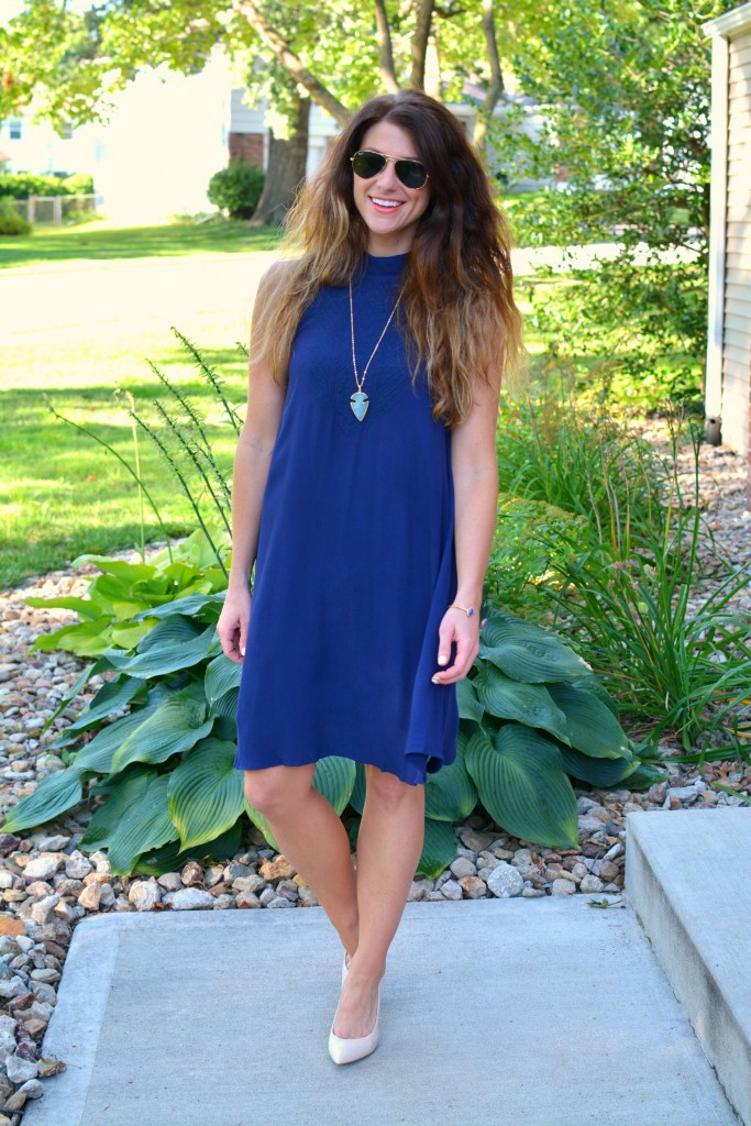 ashley from lsr, navy dress, nude pumps