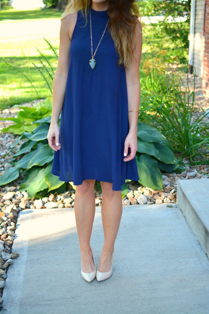 ashley from lsr, navy dress, nude pumps