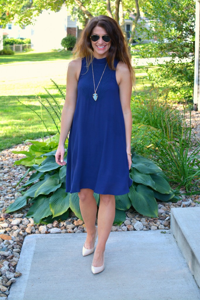 ashley from lsr, navy dress, nude pumps