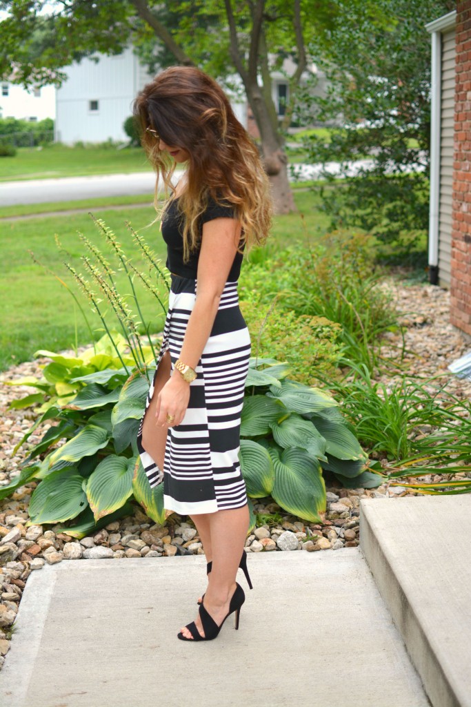 ashley from lsr in an asos crop top and striped midi skirt