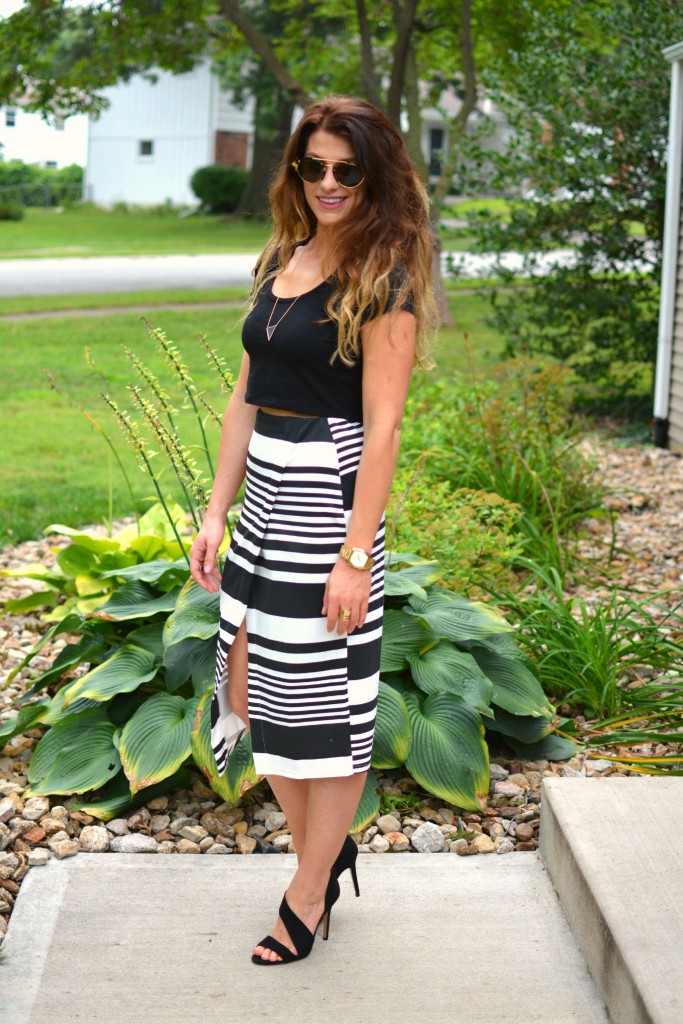 ashley from lsr in an asos crop top and striped midi skirt