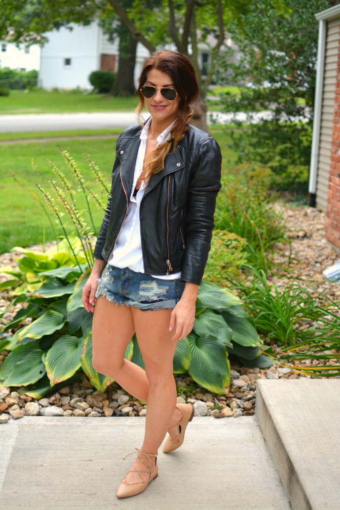 ashley from lsr in river island leather jacket, one teaspoon bandit cutoffs, and lace-up flats