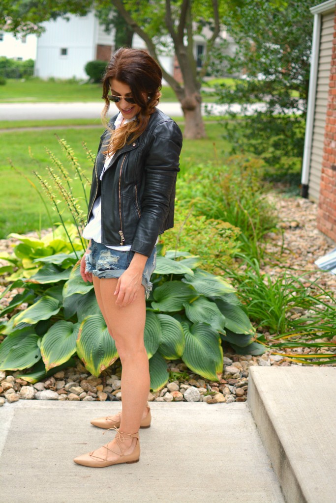 ashley from lsr in river island leather jacket, one teaspoon bandit cutoffs, and lace-up flats