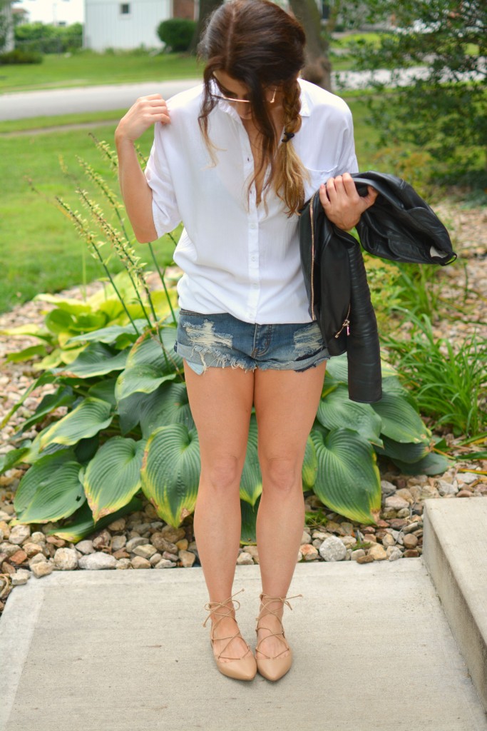 ashley from lsr in river island leather jacket, one teaspoon bandit cutoffs, and lace-up flats