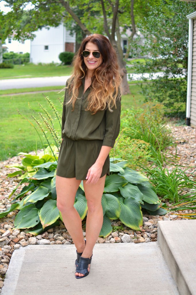 ashley from lsr in an olive onesie from Forever 21 and h&m fringed leather sandals