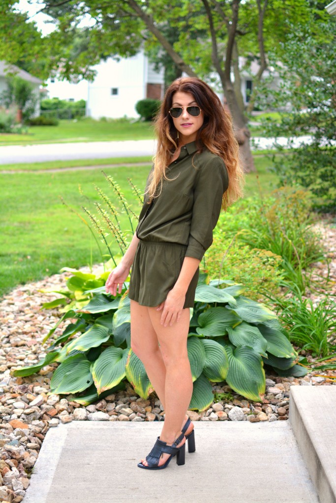 ashley from lsr in an olive onesie from Forever 21 and h&m fringed leather sandals