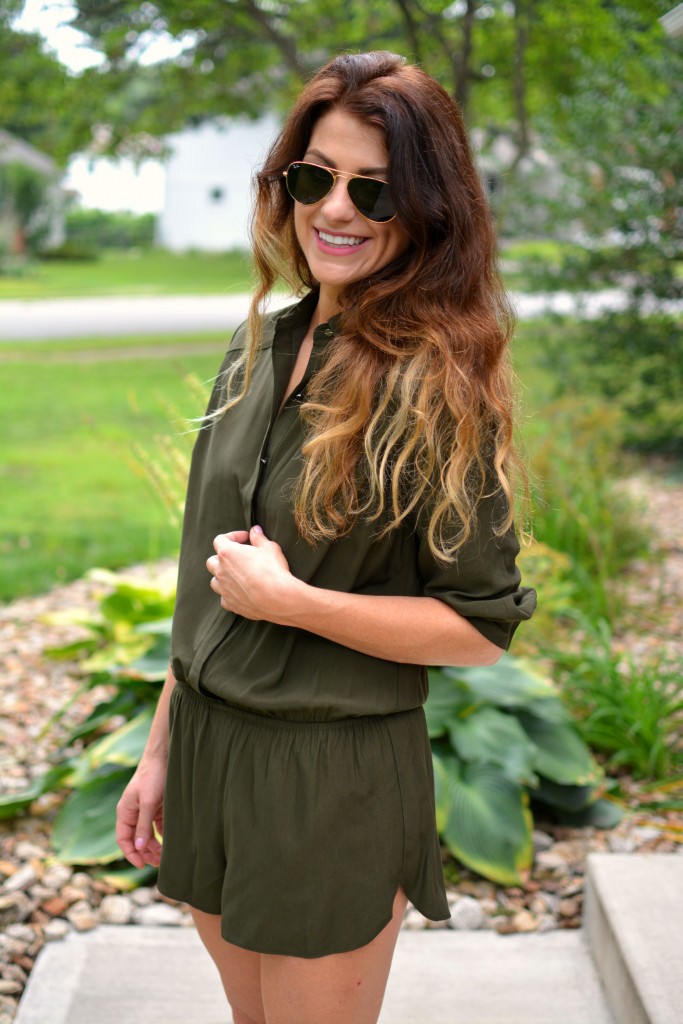 ashley from lsr in an olive onesie from Forever 21
