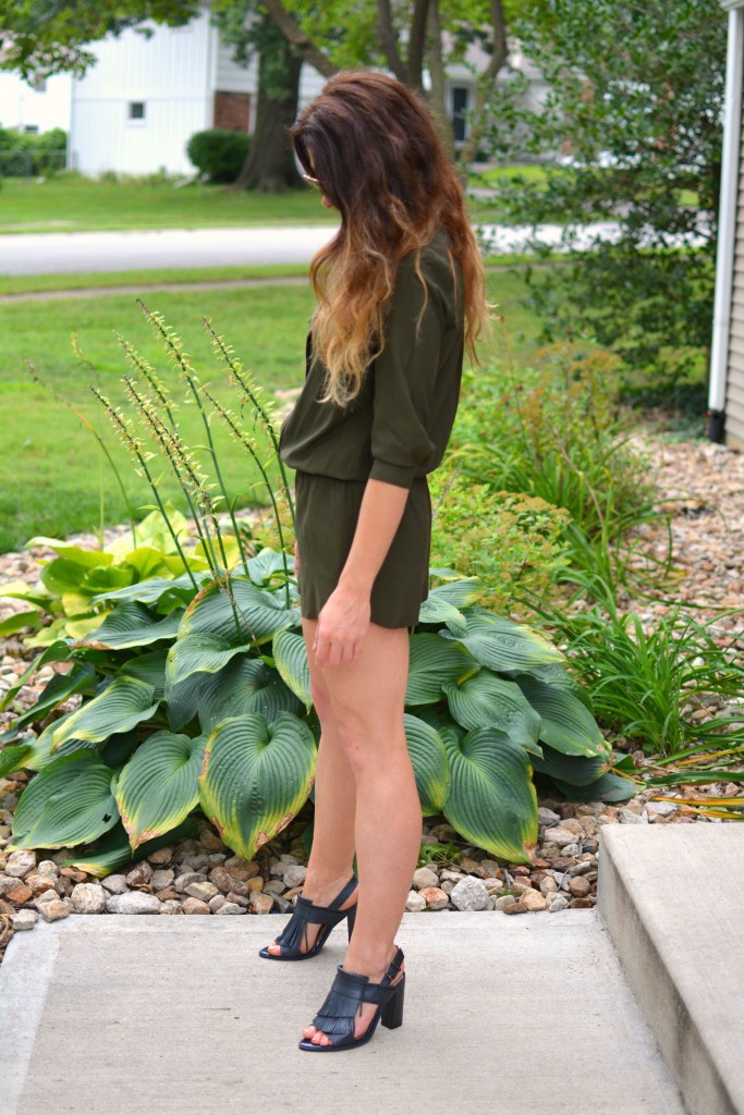 ashley from lsr in an olive onesie from Forever 21 and h&m fringed leather sandals