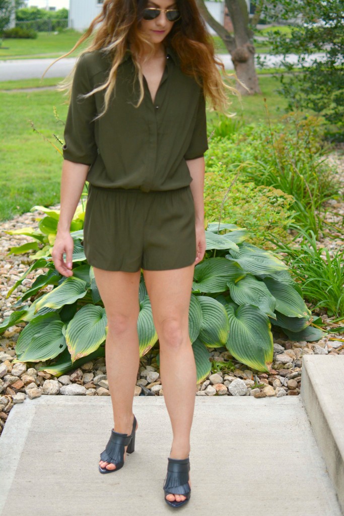 ashley from lsr in an olive onesie from Forever 21 and h&m fringed leather sandals