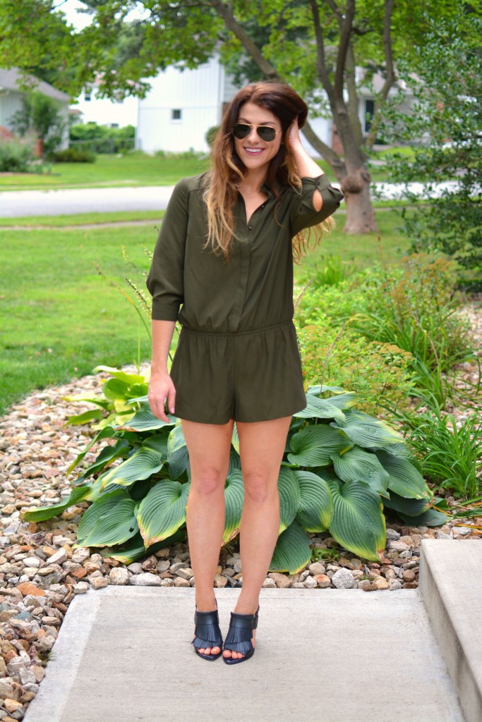 ashley from lsr in an olive onesie from Forever 21 and h&m fringed leather sandals