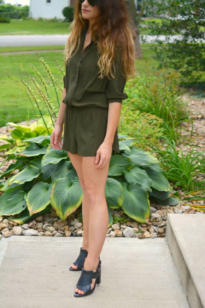 ashley from lsr in an olive onesie from Forever 21 and h&m fringed leather sandals