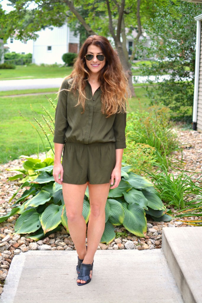 ashley from lsr in an olive onesie from Forever 21 and h&m fringed leather sandals