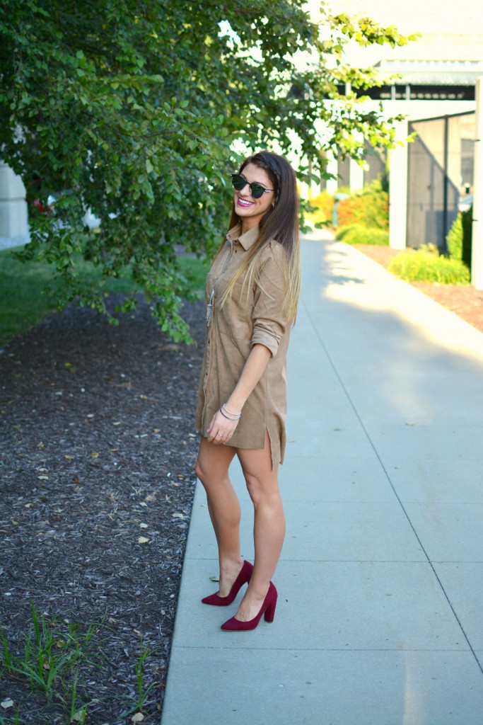 Ashley from LSR in an H&M faux suede shift dress and pumps, and Kendra Scott howlite necklace