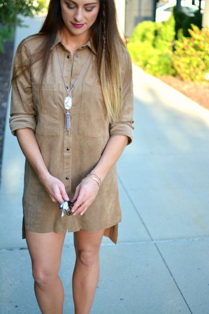 Ashley from LSR in an H&M faux suede shift dress and Kendra Scott howlite necklace