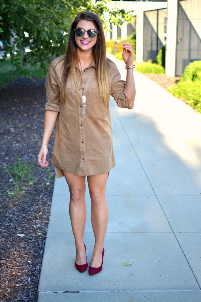 Ashley from LSR in an H&M faux suede shift dress and pumps, and Kendra Scott howlite necklace