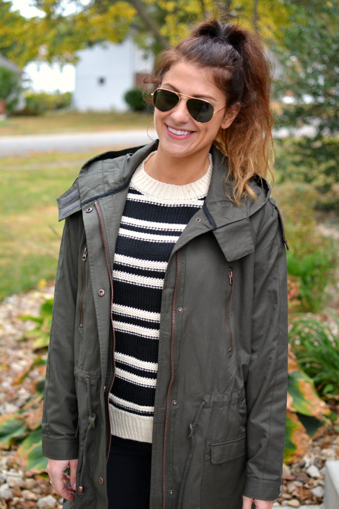 Ashley from LSR in a lightweight parka (glastonbury coat) and striped H&M sweater.
