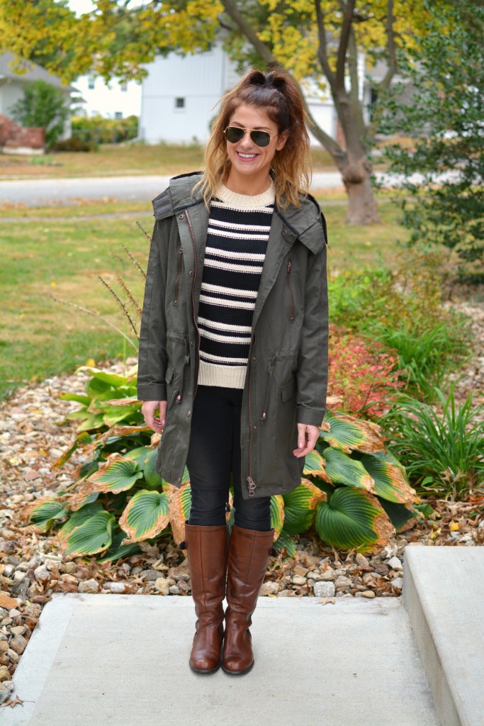 Ashley from LSR in a lightweight parka (glastonbury coat), black denim, and riding boots.