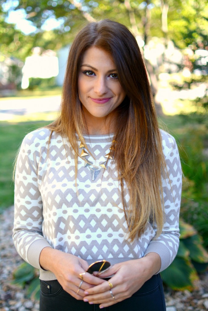 Ashley from LSR in a cropped printed sweater and madewell necklace