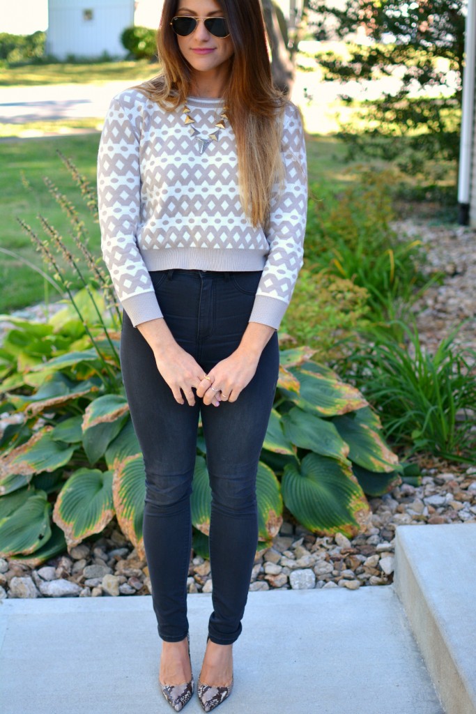 Ashley from LSR in high-waisted black H&M jeggings, cropped printed sweater, and snake skin pumps